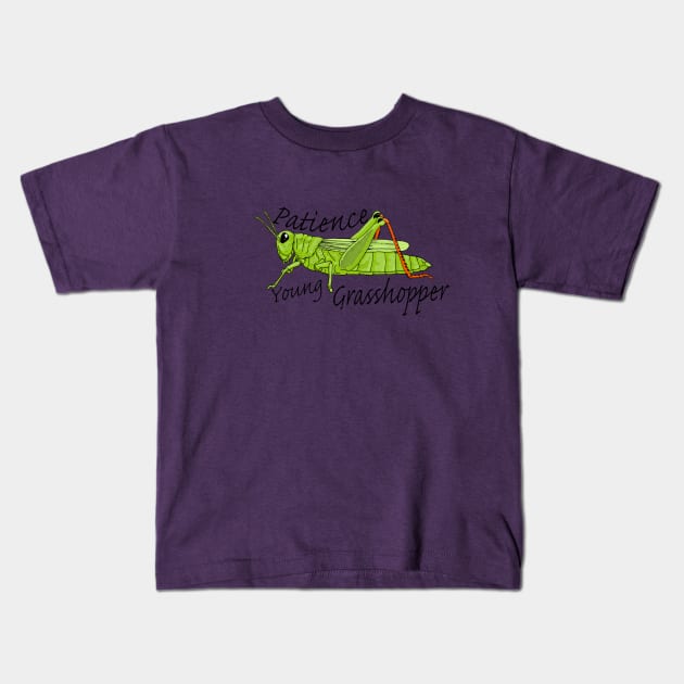 Patience Young Grasshopper Kids T-Shirt by Lala Mew